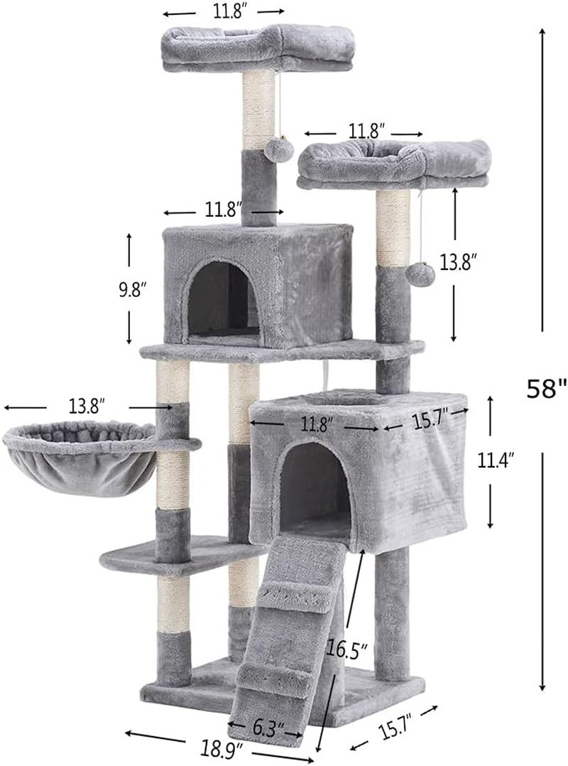 58-Inch Multi-Level Cat Tree with Sisal Scratching Posts, Two Plush Condos, and Hammock for Cats and Kittens - Light Gray MPJ013W