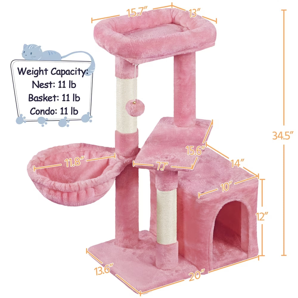 34.5" Cat Tree Tower with Condo and Perches in Pink