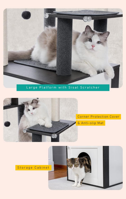56.7-Inch Cat Tree with Litter Box Enclosure, Large Wooden Cat Tower for Indoor Use Featuring Storage Cabinet, Cozy Condo, Sisal-Covered Scratching Post, and Replaceable Dangling Balls in Black