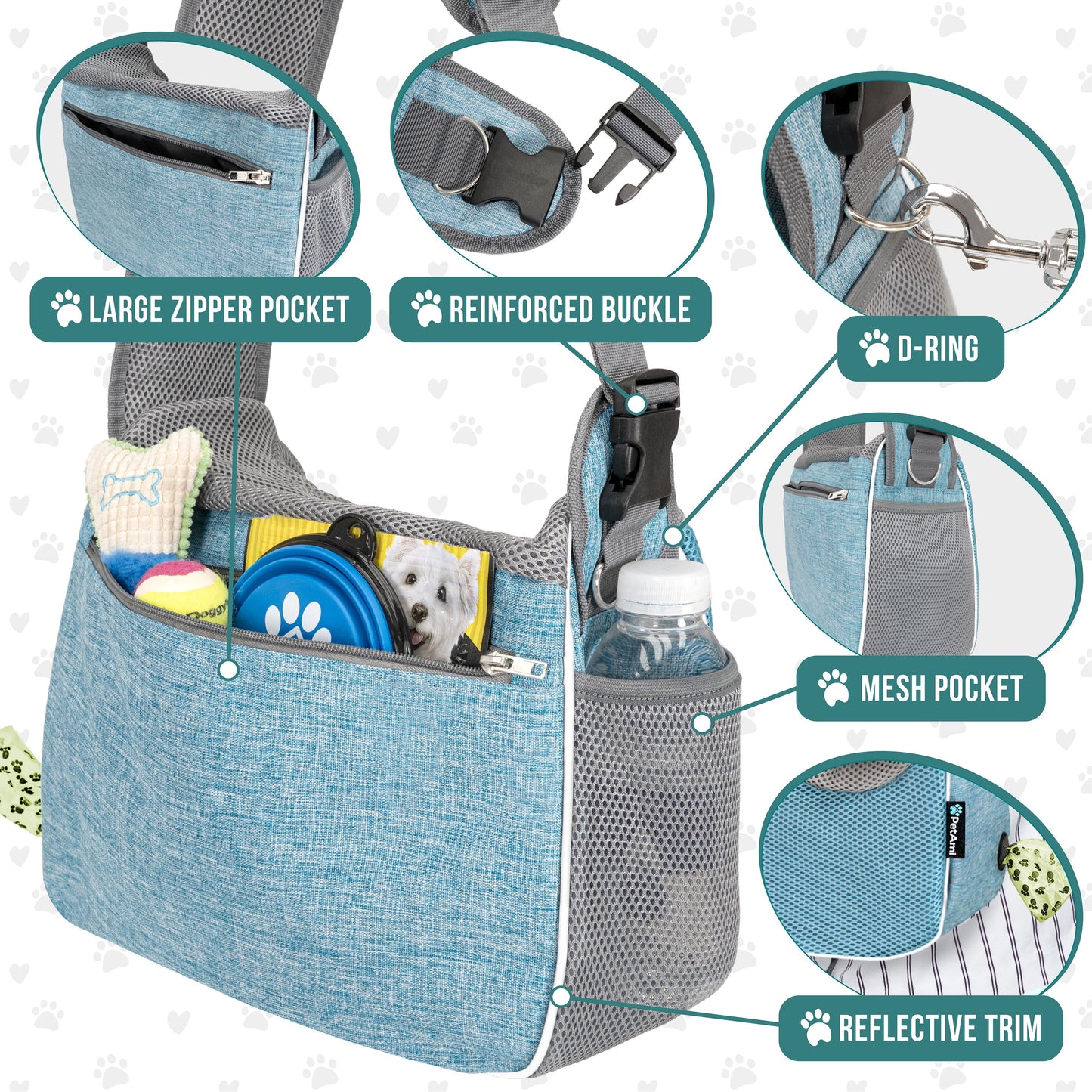 Adjustable Soft-Sided Dog Sling Carrier - Breathable Crossbody Pet Pouch with Poop Bag Dispenser for Small to Medium Dogs and Cats - Stylish Blue Travel Bag