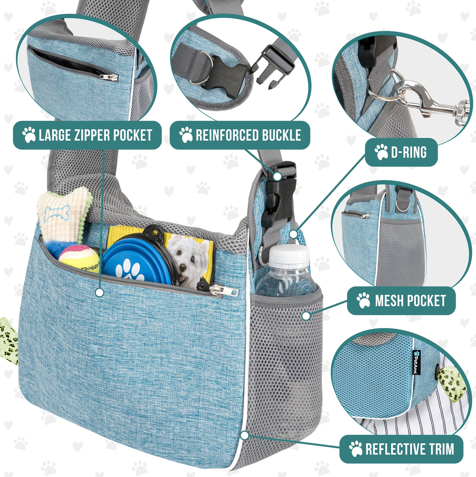 Adjustable Soft-Sided Dog Sling Carrier - Breathable Crossbody Pet Pouch with Poop Bag Dispenser for Small to Medium Dogs and Cats - Stylish Blue Travel Bag