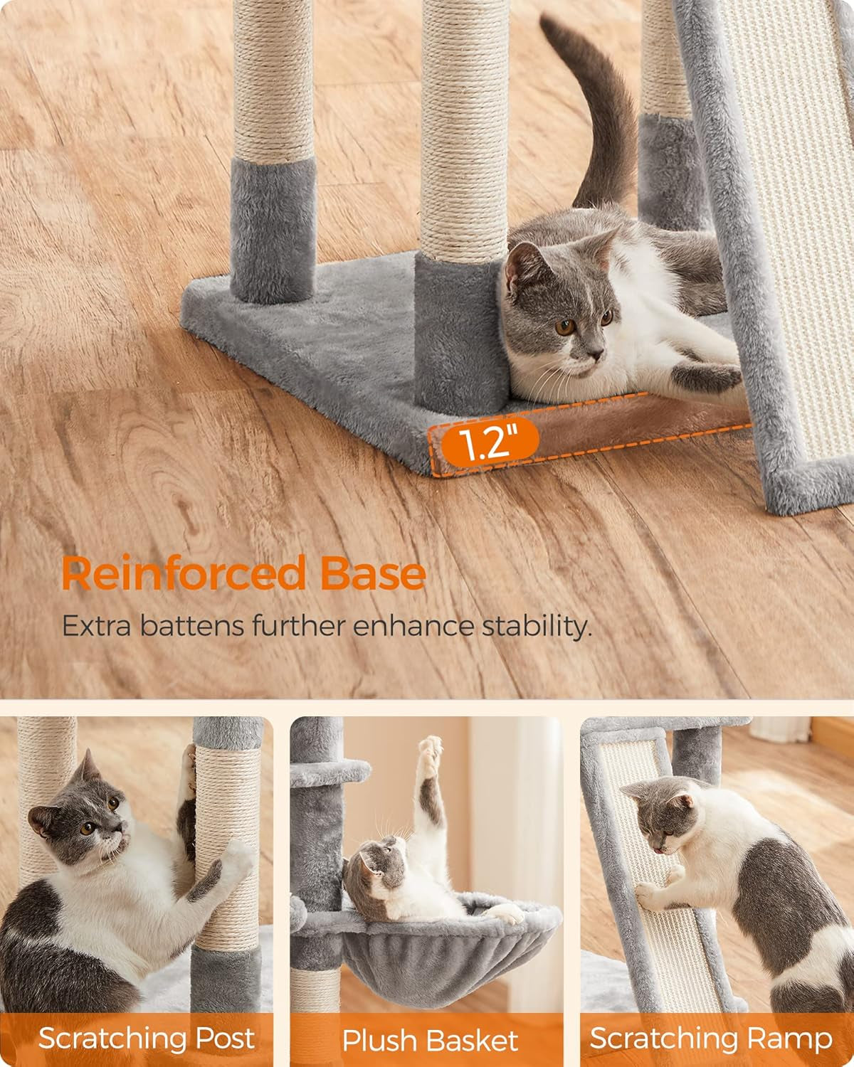 Cat Tree, Large Cat Tower, Cat Condo with Scratching Posts, Board, 2 Caves, 3 Plush Perches, Activity Center, 66.5 Inches, Light Gray UPCT019W01
