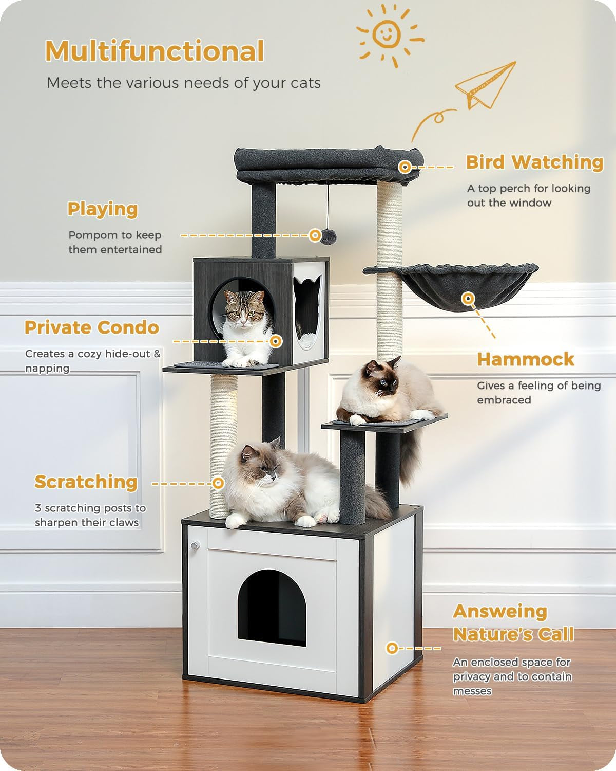 56.7-Inch Cat Tree with Litter Box Enclosure, Large Wooden Cat Tower for Indoor Use Featuring Storage Cabinet, Cozy Condo, Sisal-Covered Scratching Post, and Replaceable Dangling Balls in Black