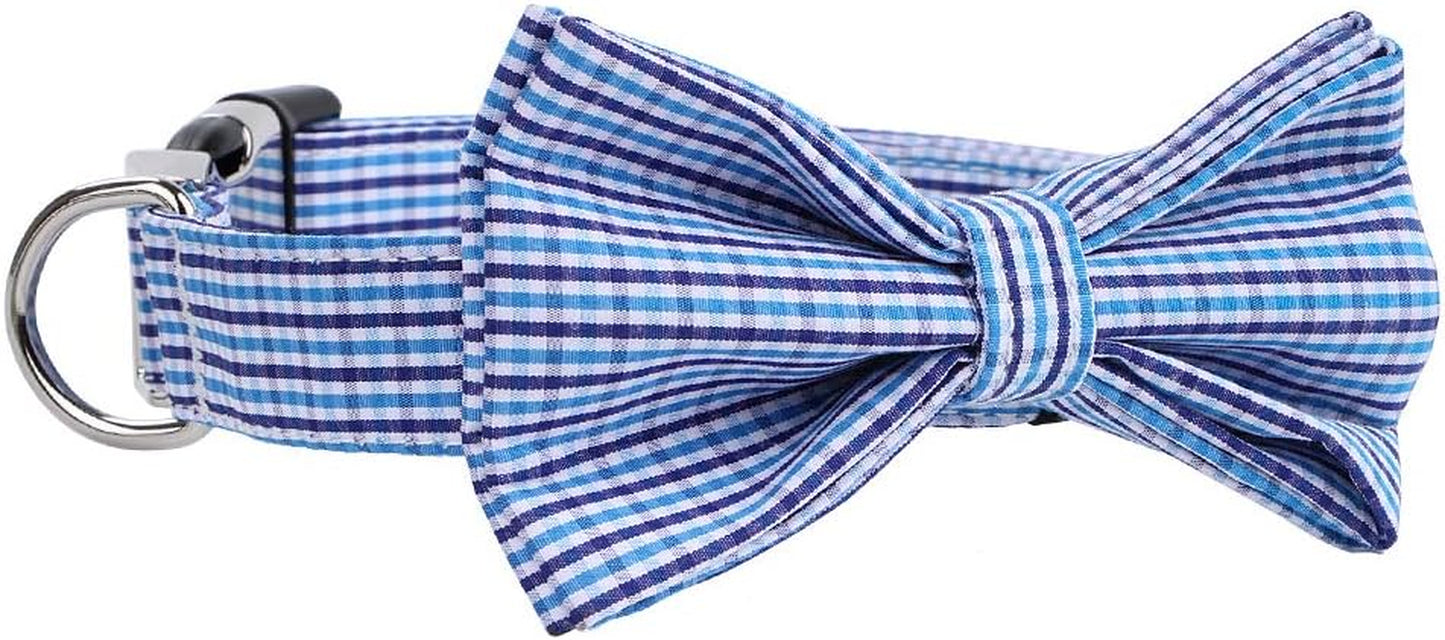 Cute Soft Dog and Cat Collar with Bowtie, Detachable Adjustable Bow Tie Collar Pet Gift (L, Blue Grid)
