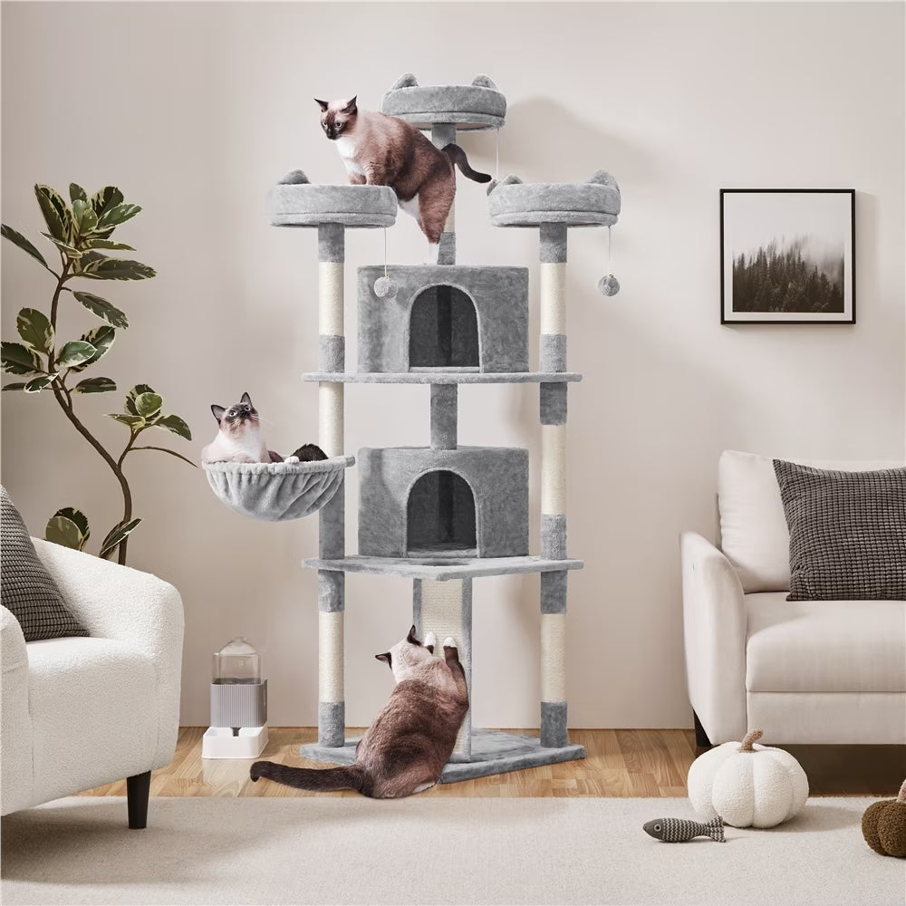 Spacious 76-Inch Light Gray Multilevel Cat Tree Tower with Cozy Condos and Perches