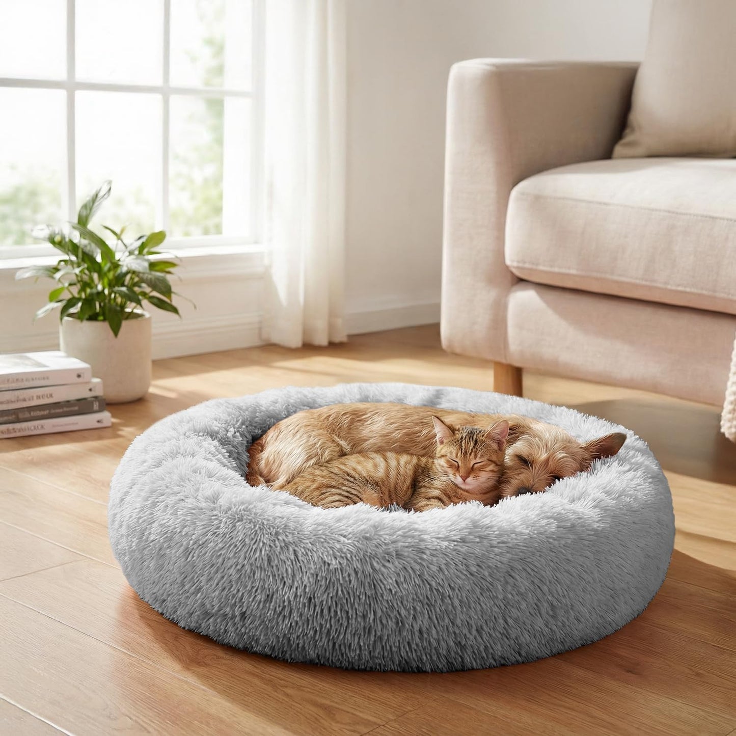 Calming Round Donut Bed for Small and Medium Dogs and Cats, 30-Inch Washable Faux Fur Anti-Anxiety Cuddler with Non-Slip Base - Light Gray