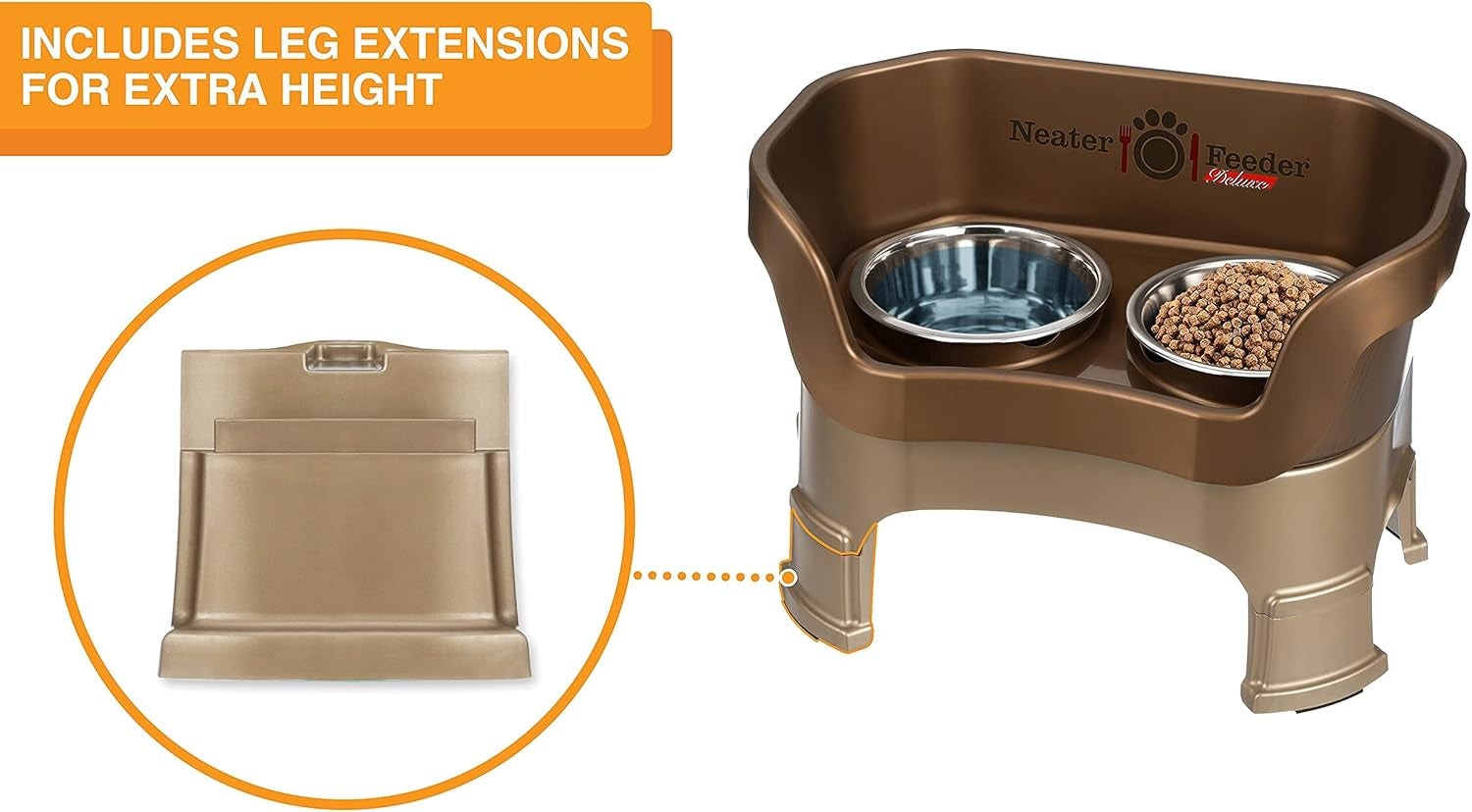 Neater Feeder Deluxe Mess-Proof Elevated Dog Bowls for Medium Dogs (19–40 Lbs), 2 Height Adjustable (10” & 12.5”) No-Spill Raised Dog Bowl Stand, Stainless Steel Food Bowl Set, Made in USA, Bronze