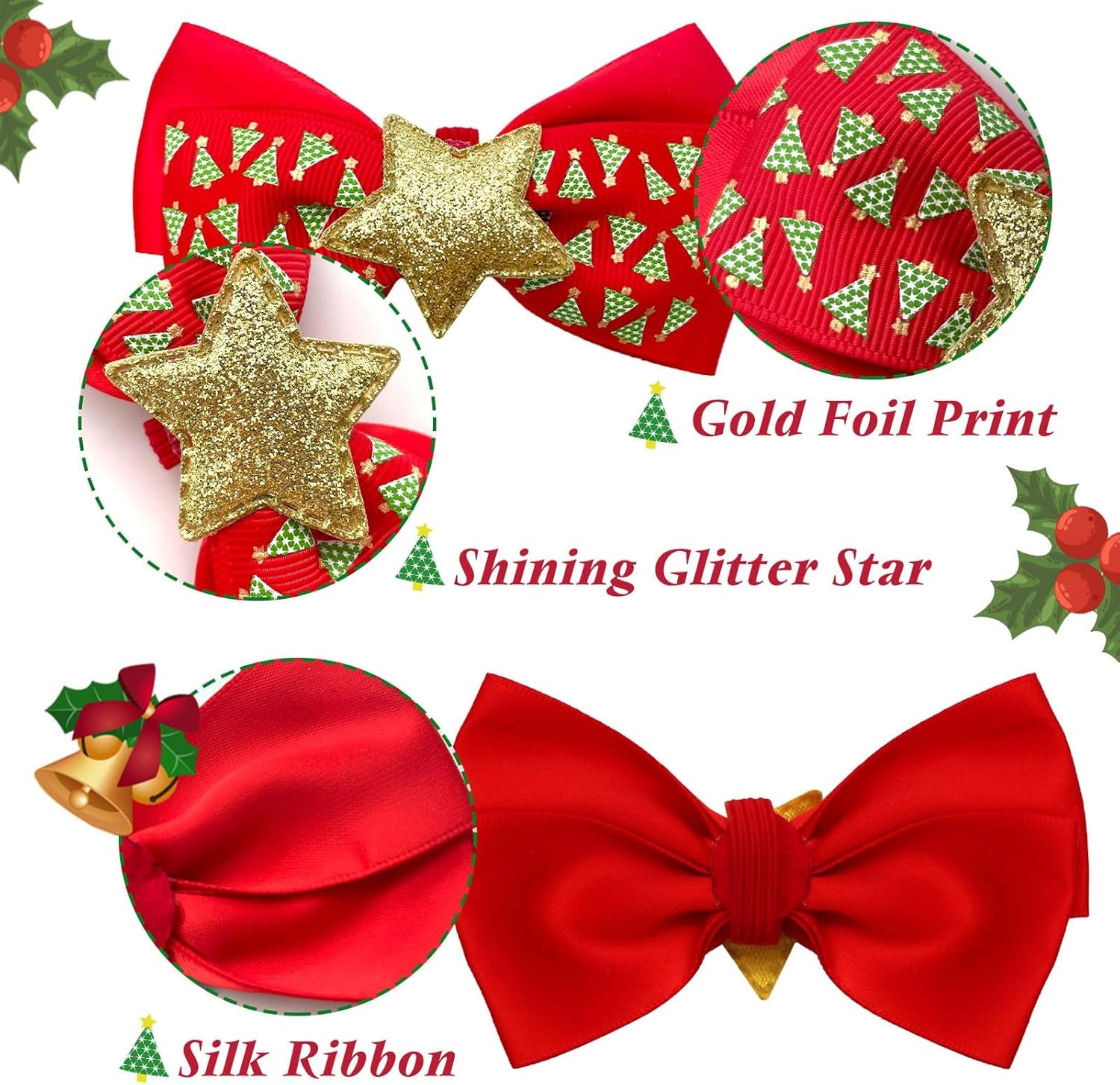 Christmas Cat Collar Set with Bells and Bowtie - Adjustable Breakaway Design Featuring Christmas Tree and Santa Claus Patterns (Fits 8"-12")