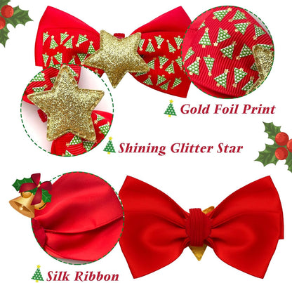 Christmas Cat Collar Set with Bells and Bowtie - Adjustable Breakaway Design Featuring Christmas Tree and Santa Claus Patterns (Fits 8"-12")
