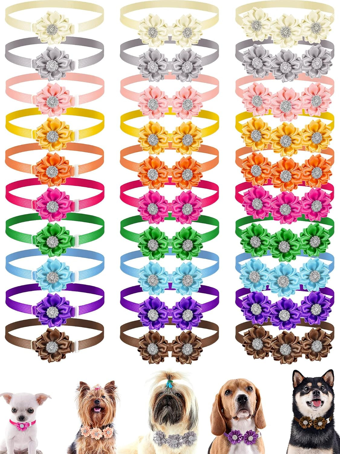 30-Piece Dog Bow Tie and Flower Collar Set with Diamond Crystal Accents for Small Dogs and Cats - Multi-Color Pet Accessories