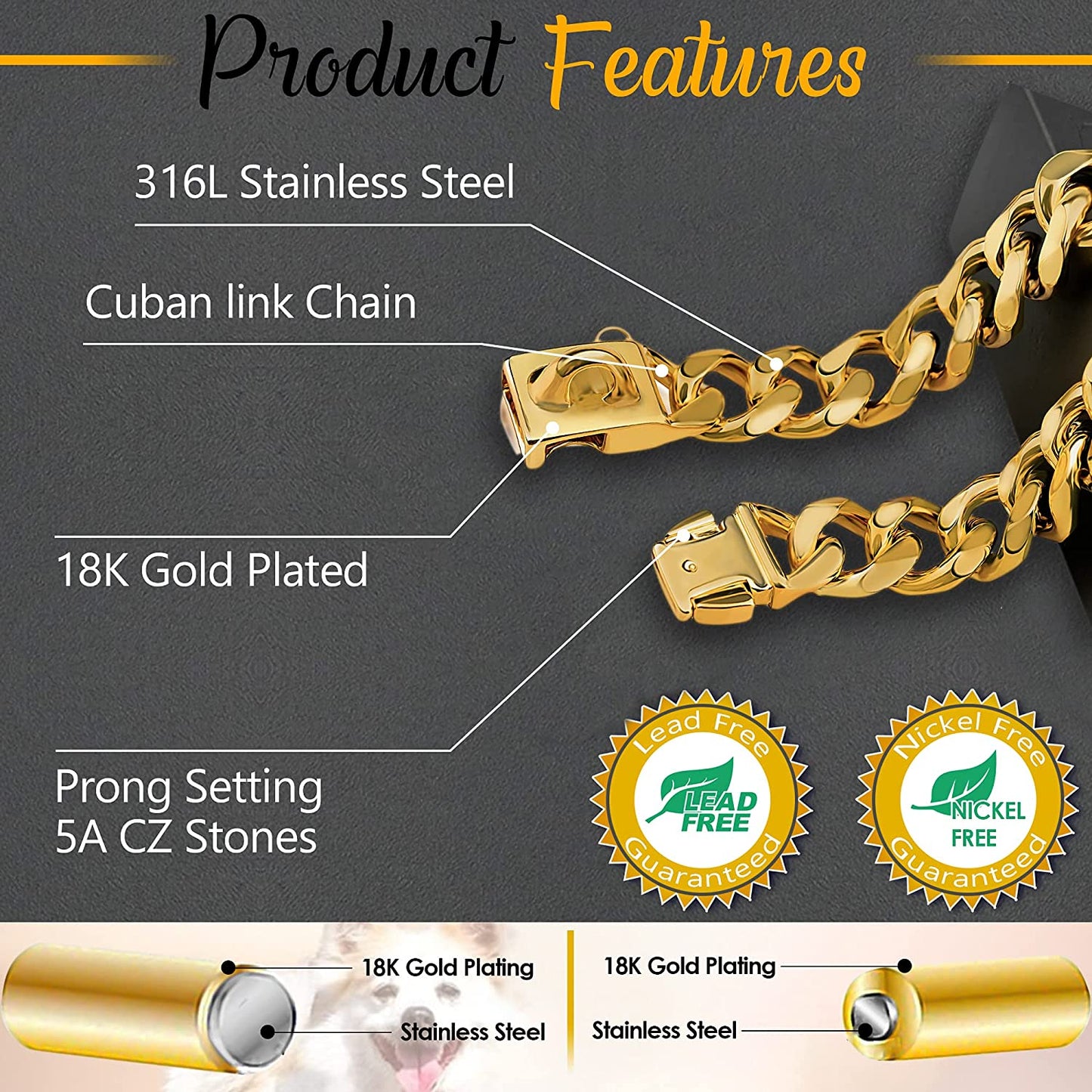 Gold Stainless Steel Cuban Link Dog Collar - 19mm Heavy Duty Chew-Proof Necklace with Buckle for Medium to Large Dogs (16 Inch)