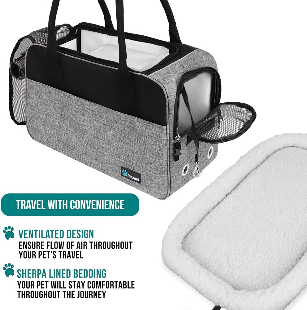 Soft-Sided Airline Approved Dog Purse Carrier for Small Dogs, Ventilated Pet Travel Bag with Pockets, Includes Sherpa Bed, Maximum Weight 12 lbs, Gray