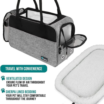 Soft-Sided Airline Approved Dog Purse Carrier for Small Dogs, Ventilated Pet Travel Bag with Pockets, Includes Sherpa Bed, Maximum Weight 12 lbs, Gray