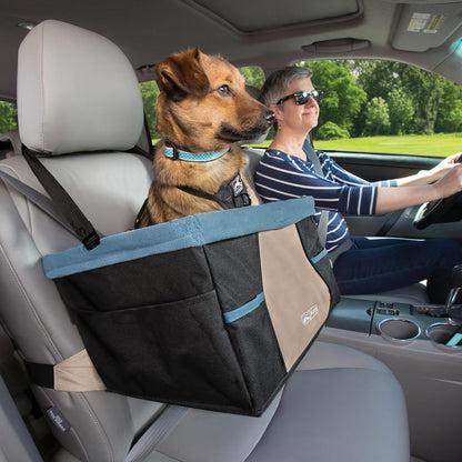 Dog Booster Seat for Secure and Comfortable Travel - Waterproof Exterior, Removable Washable Liner, Harness Strap, Collapsible Design - Rover Style in Black/Blue