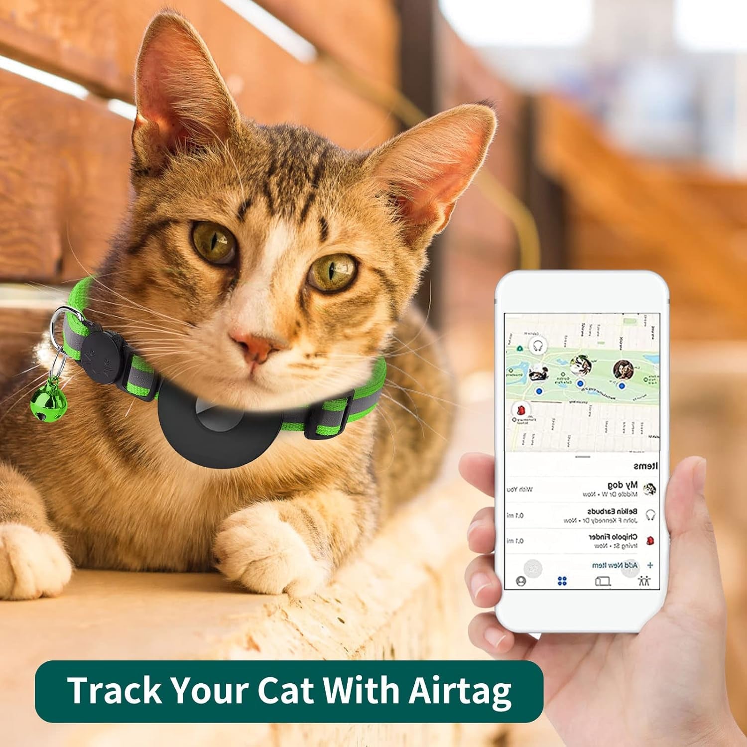 Reflective Breakaway Cat Collar with Waterproof AirTag Holder, GPS Tracker for Cats and Kittens (Green)