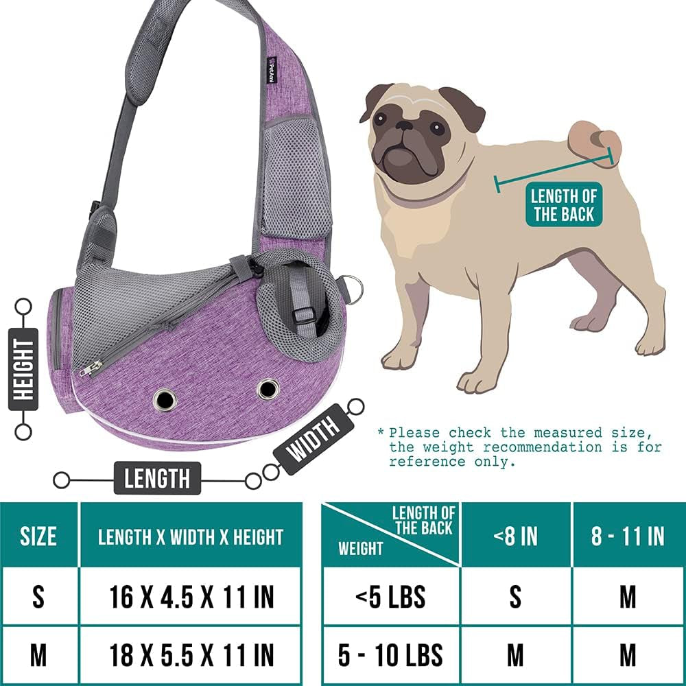 Small Dog Sling Carrier - Adjustable Crossbody Pet Purse for Traveling with Puppies and Medium Cats, Includes Poop Bag Dispenser, Maximum Weight 10 lbs, Purple