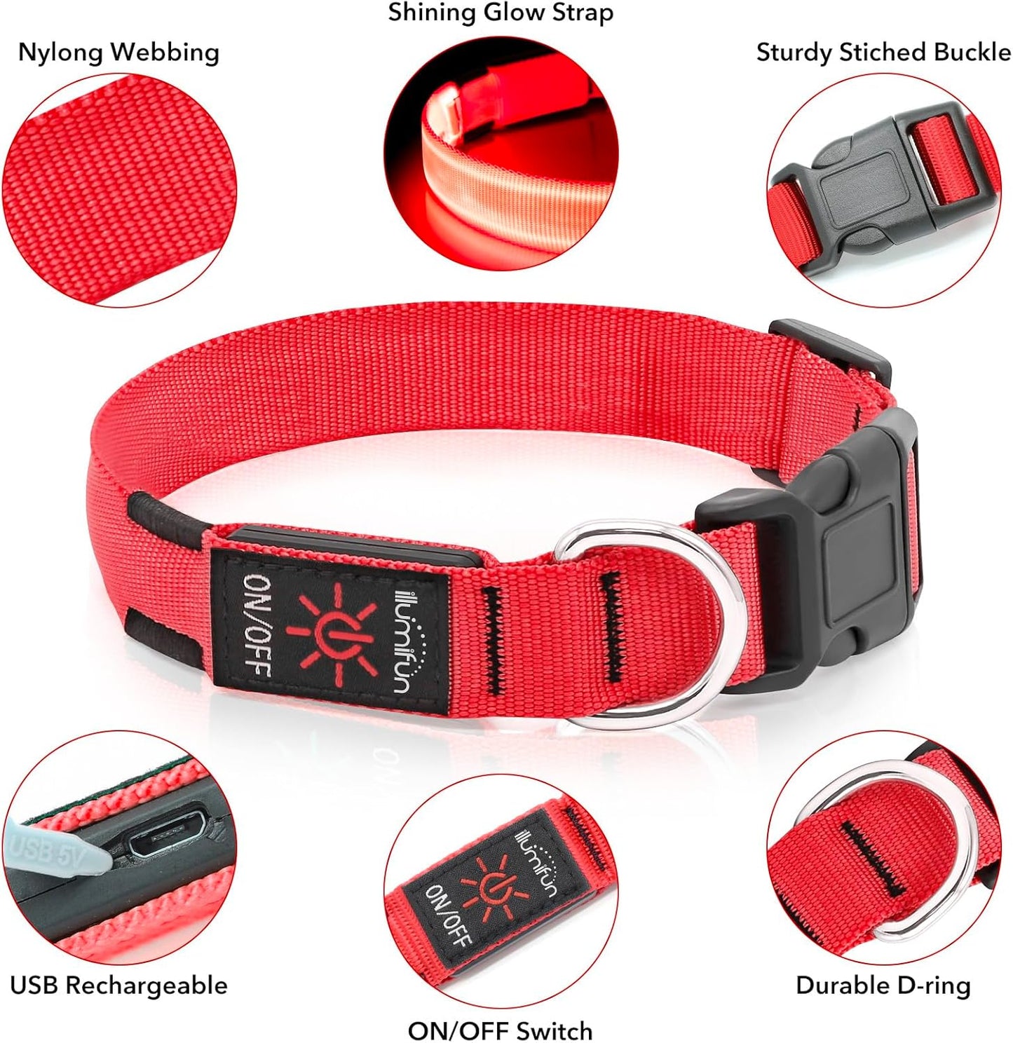 USB Rechargeable LED Dog Collar - Adjustable Glow-in-the-Dark Pet Collar for Nighttime Walks (Red, Medium)