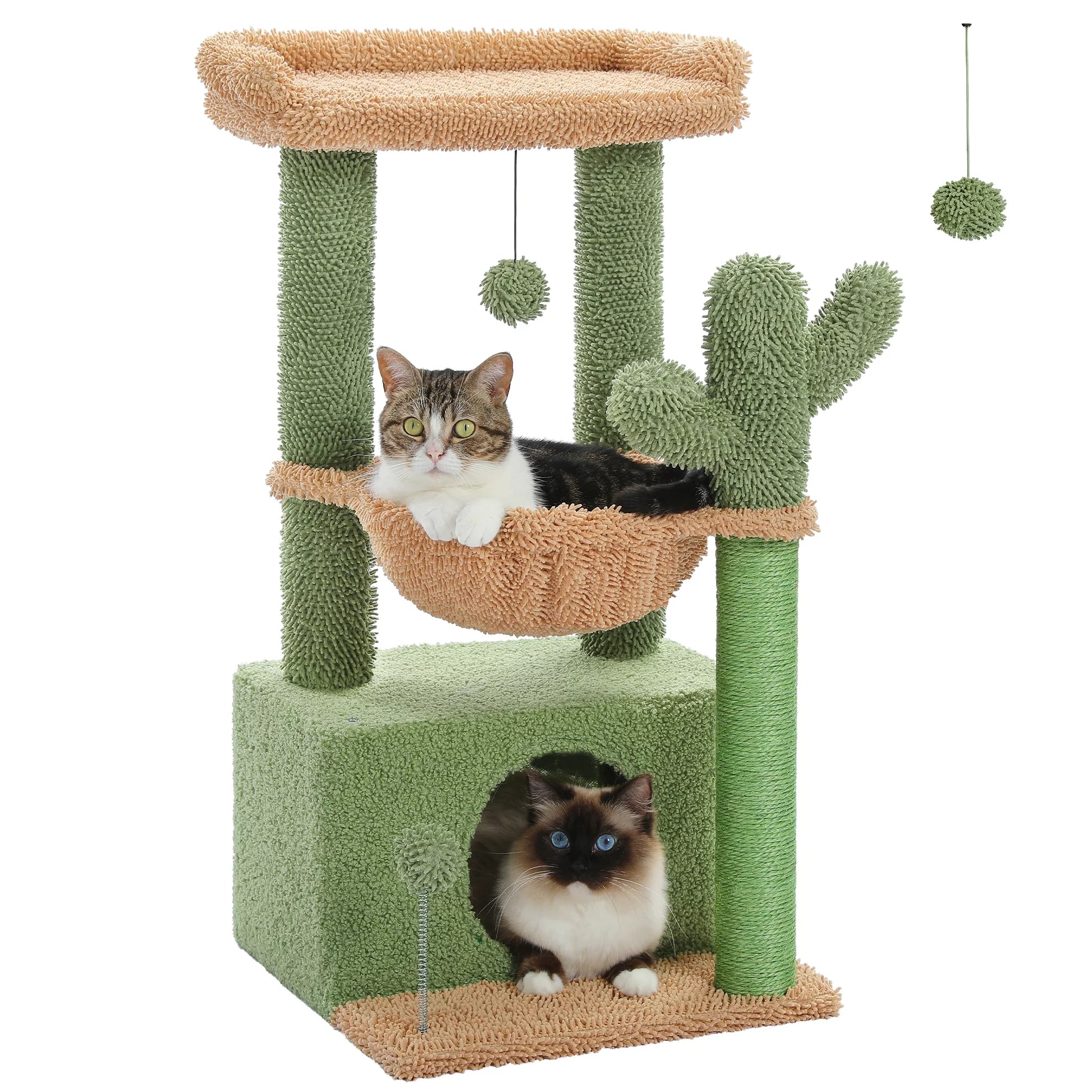 33" Cactus-Inspired Cat Tree with Scratching Posts, Spacious Top Perch, and Hammock for Medium Indoor Cats - Green