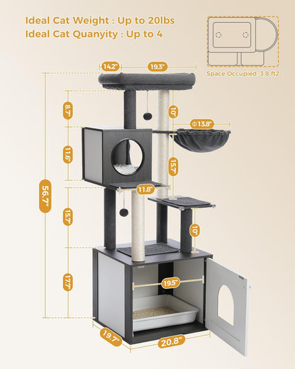 56.7-Inch Cat Tree with Litter Box Enclosure, Large Wooden Cat Tower for Indoor Use Featuring Storage Cabinet, Cozy Condo, Sisal-Covered Scratching Post, and Replaceable Dangling Balls in Black