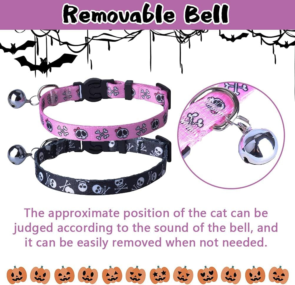 Adjustable Breakaway Cat Collars with Bell Charm - 2 Pack in Pink & Black Skull Pattern, Fits 7.8-11.8 Inches