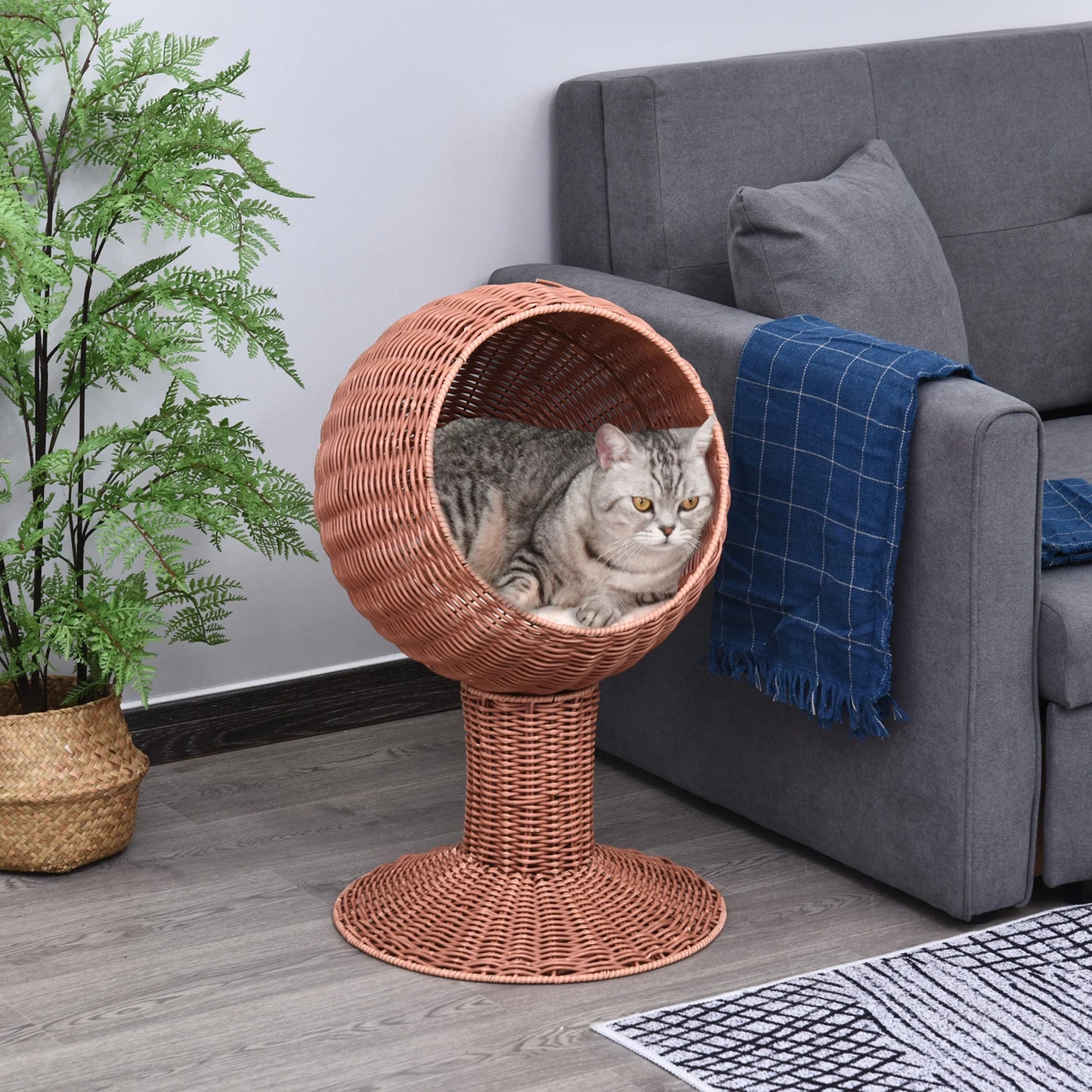 27-Inch Rattan Wicker Elevated Pet Bed with Hooded Cushion for Cats