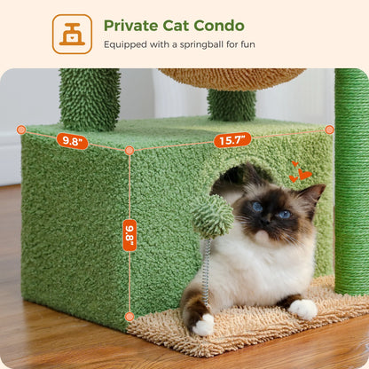 33" Cactus-Inspired Cat Tree with Scratching Posts, Spacious Top Perch, and Hammock for Medium Indoor Cats - Green