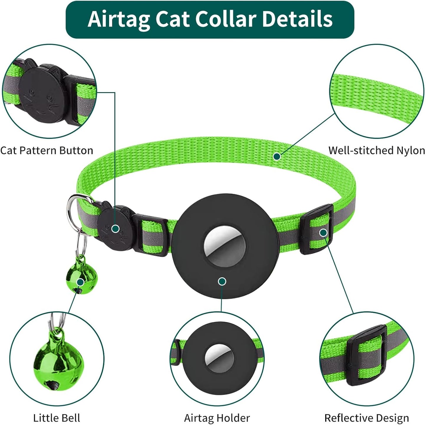 Reflective Breakaway Cat Collar with Waterproof AirTag Holder, GPS Tracker for Cats and Kittens (Green)