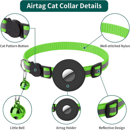 Reflective Breakaway Cat Collar with Waterproof AirTag Holder, GPS Tracker for Cats and Kittens (Green)