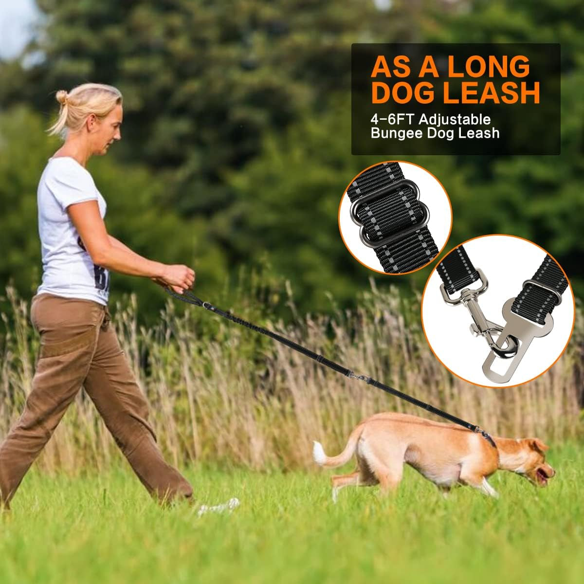 Heavy-Duty 6 FT Reflective Bungee Dog Leash for Large, Medium, and Small Dogs with Nylon Seatbelt Set (Black)
