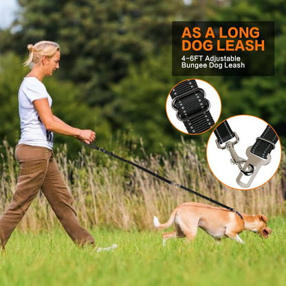 Heavy-Duty 6 FT Reflective Bungee Dog Leash for Large, Medium, and Small Dogs with Nylon Seatbelt Set (Black)