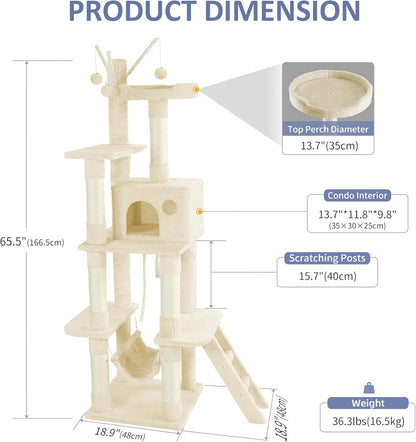 Cat Tree for Indoor Cats, 65.5 Inches Cat Tower with Sisal-Covered Scratching Posts, Top Perch, Ladder and Hammock, Cat Trees and Condos Furniture for Kittens Pet House Play, Beige