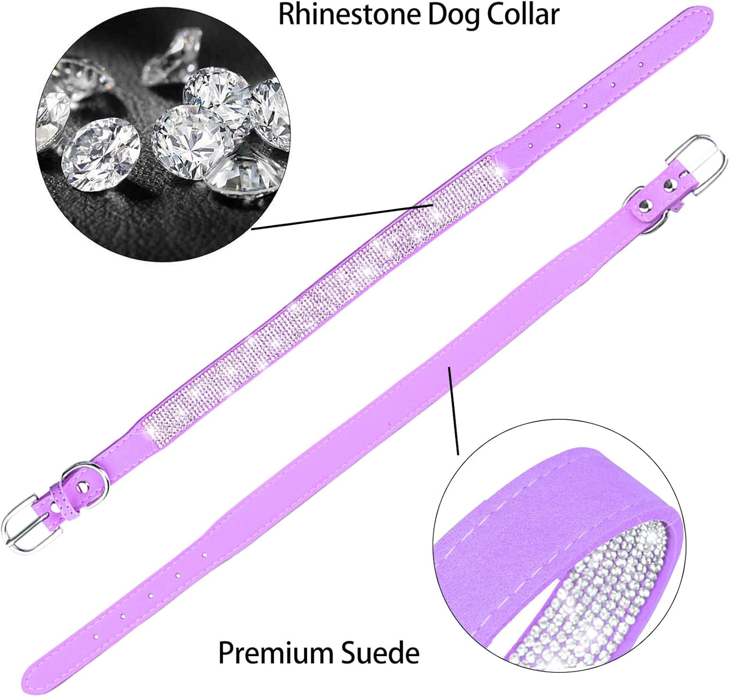 Luxury Rhinestone Dog Collar - Soft Velvet Leather Adjustable Necklaces for Small, Medium, and Large Dogs and Cats (Purple, XS)