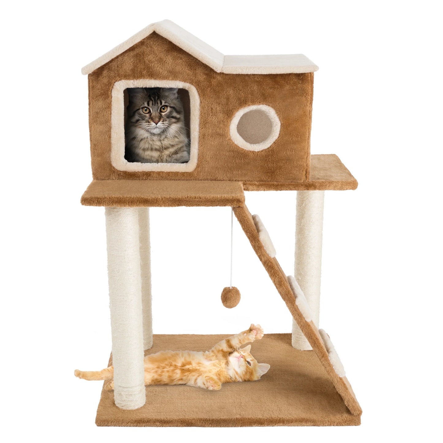 35-Inch Cat Tree with Ladder, House, Scratching Posts, and Toy - Brown