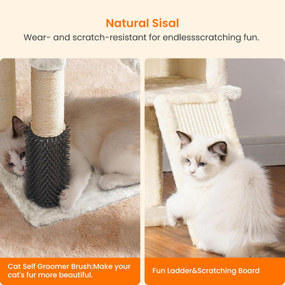 Cat Tree with Self-Grooming Brush, Plush Perch Tower Condo for Indoor Cats, Includes Scratching Post and Basket, Beige HCT005SM