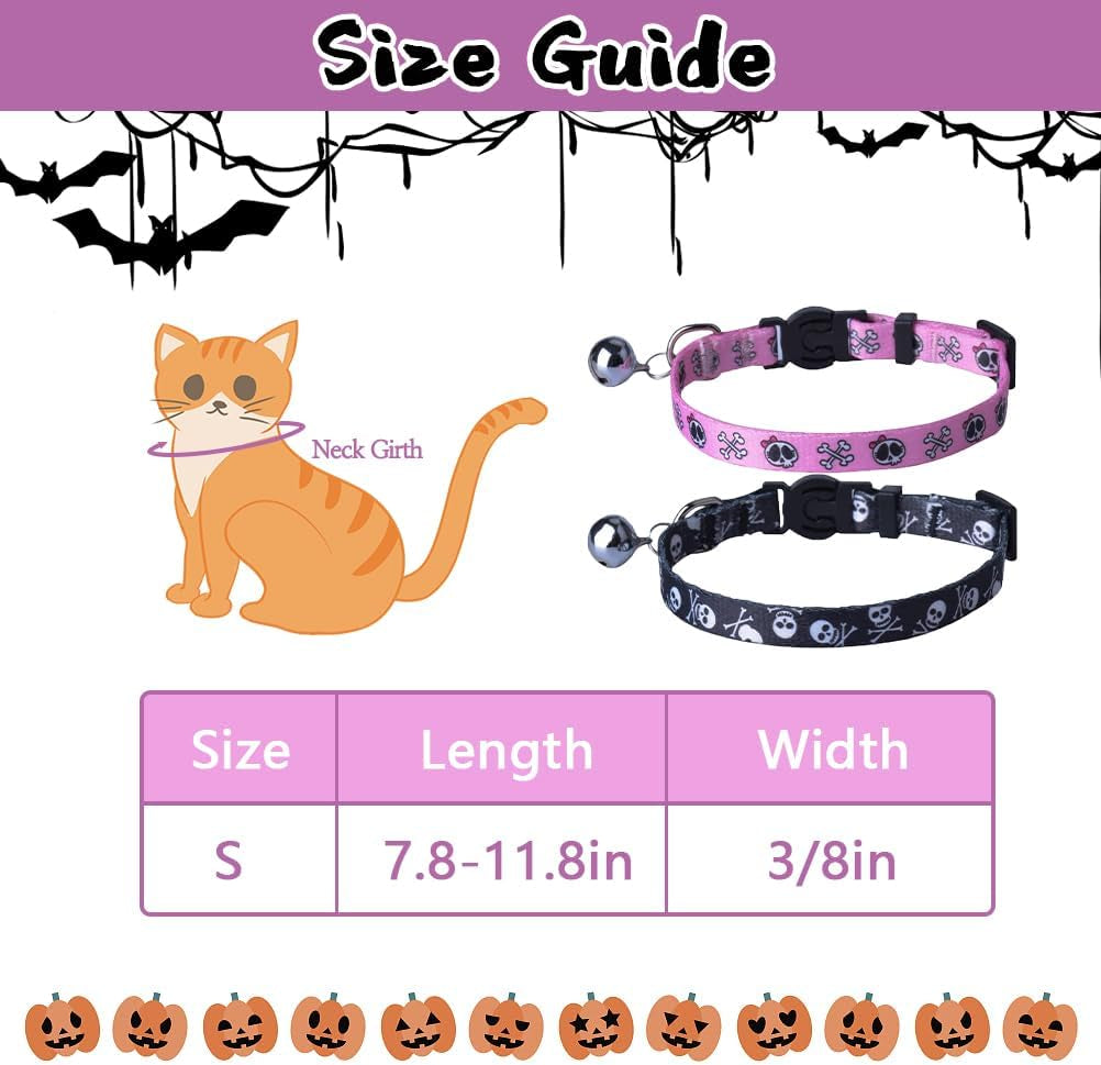 Adjustable Breakaway Cat Collars with Bell Charm - 2 Pack in Pink & Black Skull Pattern, Fits 7.8-11.8 Inches