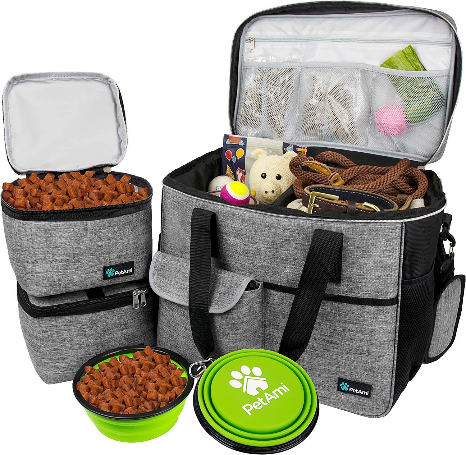 Dog Travel Organizer - Premium Pet Travel Bag with Food Container and Bowls, Ideal for Weekend Camping and Cat Diaper Storage (Grey, Large)