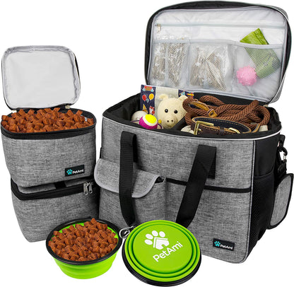 Dog Travel Organizer - Premium Pet Travel Bag with Food Container and Bowls, Ideal for Weekend Camping and Cat Diaper Storage (Grey, Large)