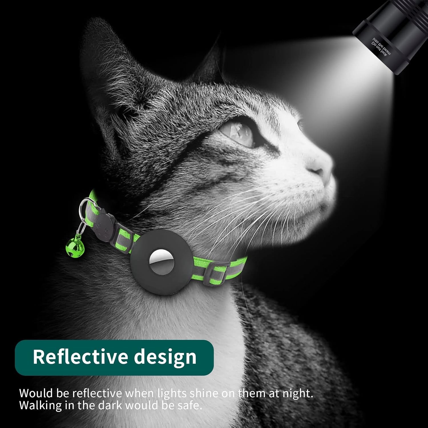 Reflective Breakaway Cat Collar with Waterproof AirTag Holder, GPS Tracker for Cats and Kittens (Green)