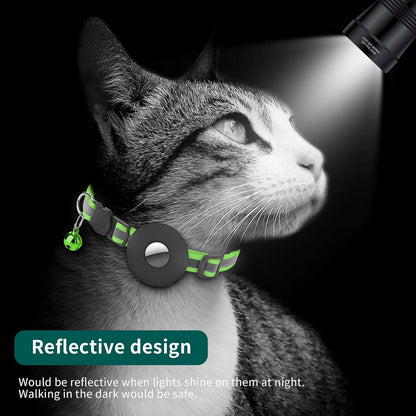 Reflective Breakaway Cat Collar with Waterproof AirTag Holder, GPS Tracker for Cats and Kittens (Green)