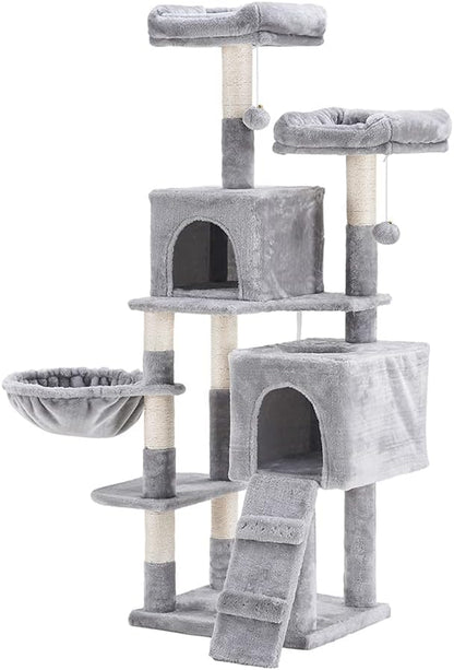 58-Inch Multi-Level Cat Tree with Sisal Scratching Posts, Two Plush Condos, and Hammock for Cats and Kittens - Light Gray MPJ013W