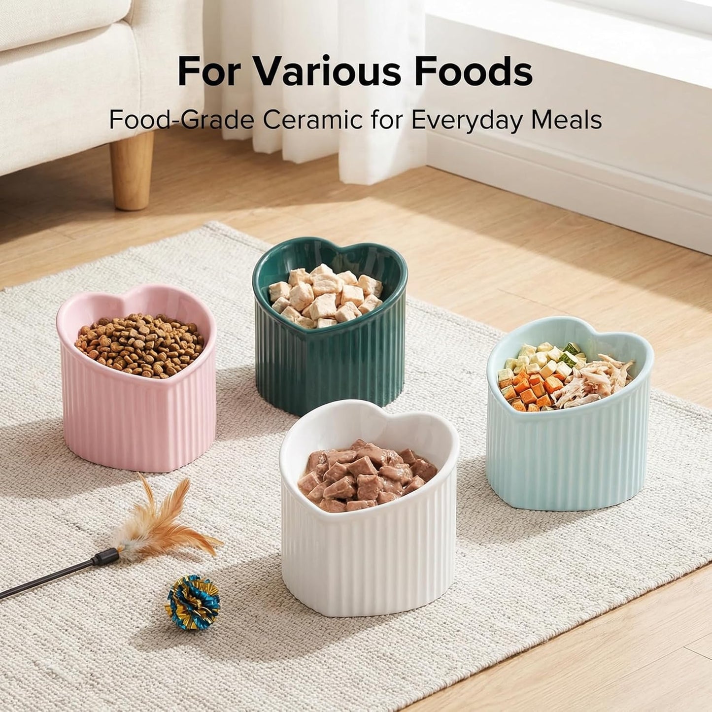Green Ceramic Raised Cat Bowls, Tilted Elevated Food or Water Bowls, Stress Free, Backflow Prevention, Dishwasher and Microwave Safe, Lead & Cadmium Free