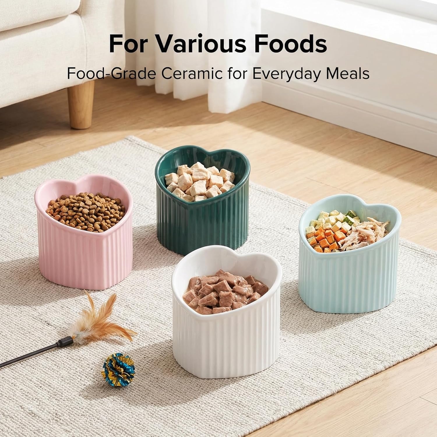 Green Ceramic Raised Cat Bowls, Tilted Elevated Food or Water Bowls, Stress Free, Backflow Prevention, Dishwasher and Microwave Safe, Lead & Cadmium Free