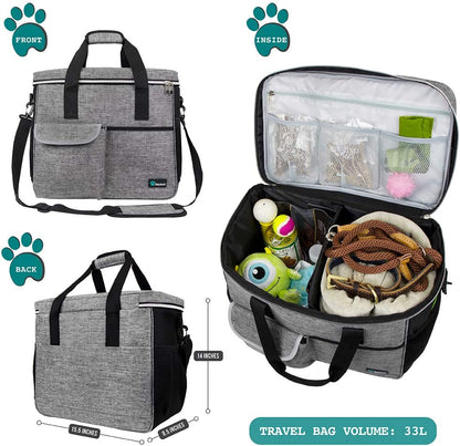 Dog Travel Organizer - Premium Pet Travel Bag with Food Container and Bowls, Ideal for Weekend Camping and Cat Diaper Storage (Grey, Large)
