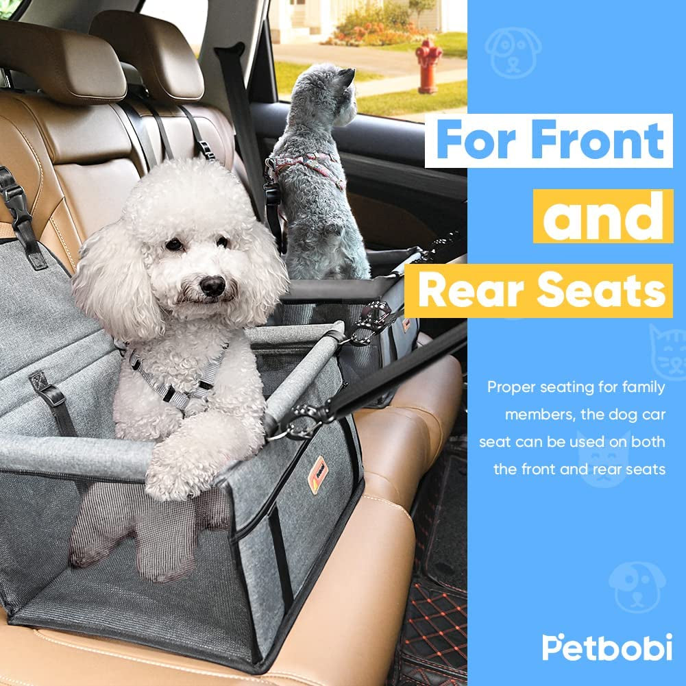 Pet Reinforced Car Booster Seat for Dogs - Portable and Breathable Safety Seat with Seat Belt and Clip-on Leash (Cationic Fabric Grey)