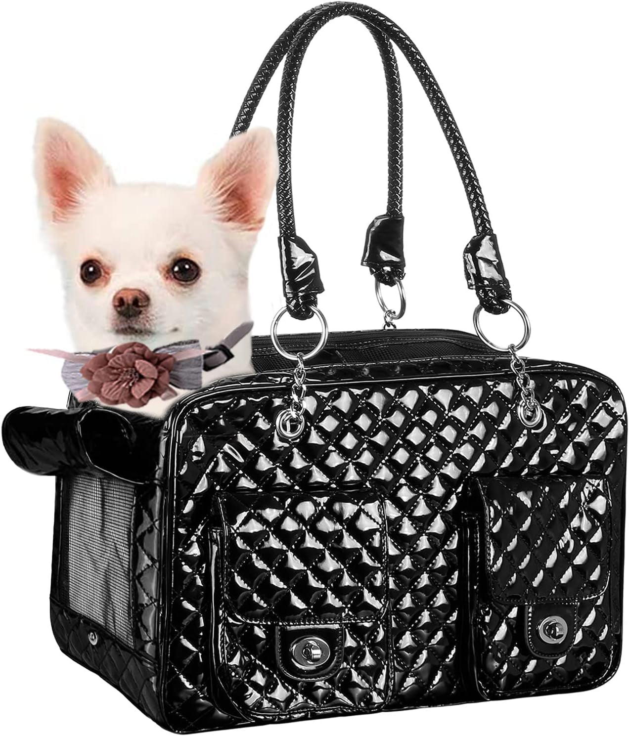 Premium PU Leather Pet Carrier for Small Dogs and Cats, Collapsible Portable Handbag for Travel and Outdoor Activities - Black