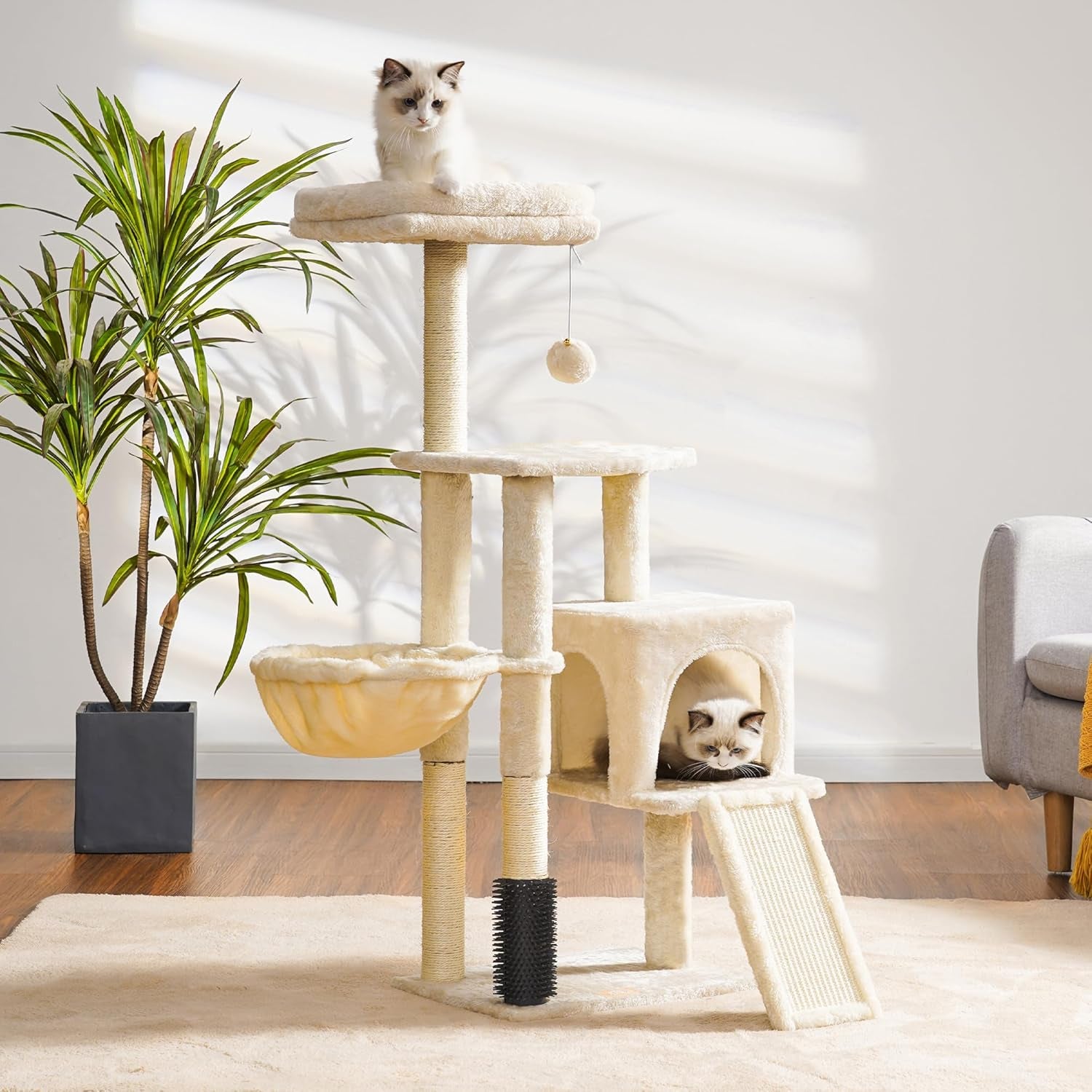 Cat Tree with Self-Grooming Brush, Plush Perch Tower Condo for Indoor Cats, Includes Scratching Post and Basket, Beige HCT005SM
