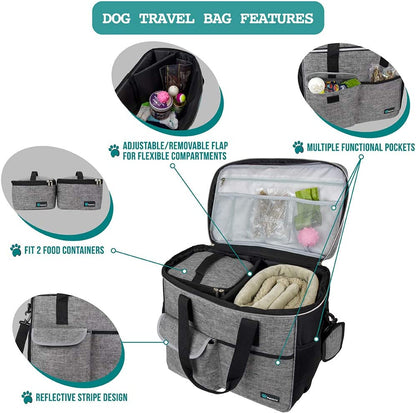 Dog Travel Organizer - Premium Pet Travel Bag with Food Container and Bowls, Ideal for Weekend Camping and Cat Diaper Storage (Grey, Large)