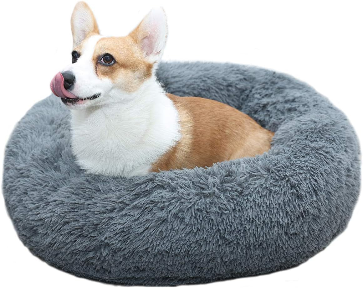 Premium Faux Fur Round Dog and Cat Bed, Calming Anti-Anxiety Cushion, Cozy and Warm, Medium Size, Grey