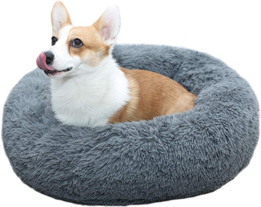 Premium Faux Fur Round Dog and Cat Bed, Calming Anti-Anxiety Cushion, Cozy and Warm, Medium Size, Grey