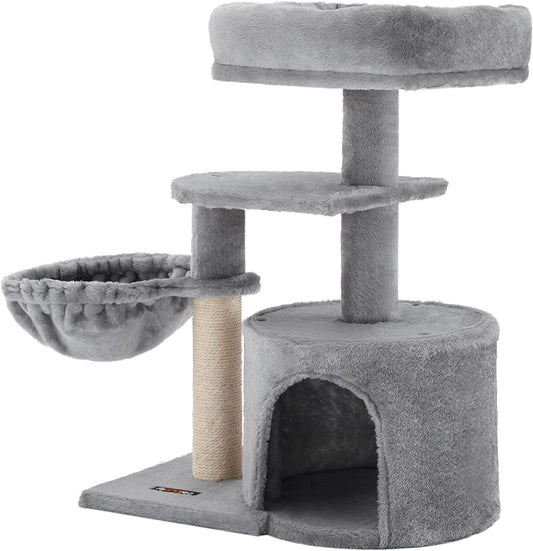 Light Gray Cat Tree and Activity Center with Scratching Post, Basket, and Cave for Small Cats and Kittens - Model UPCT59W